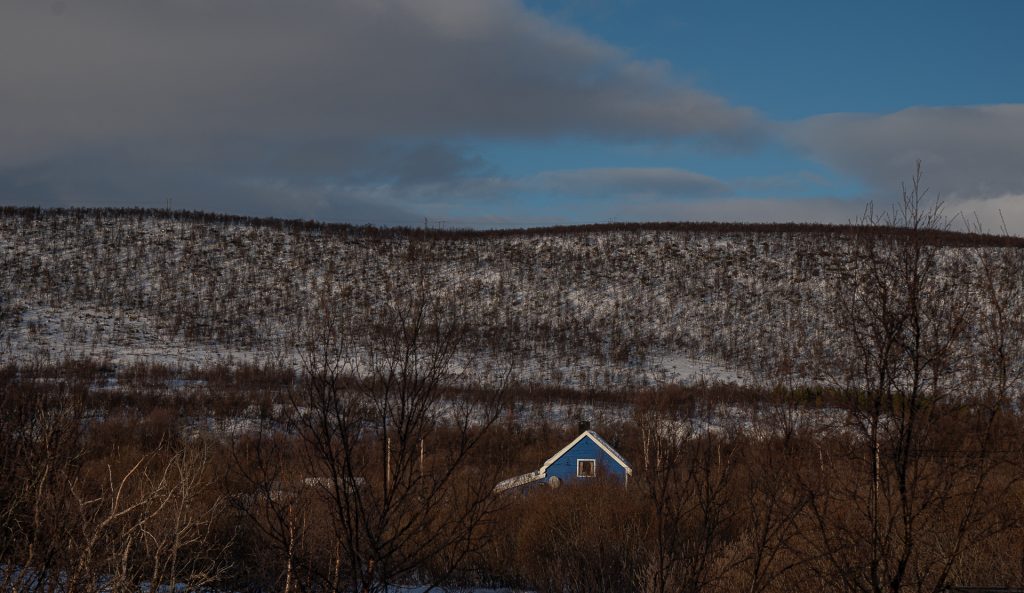 enslig blått hus skog fjell mørk